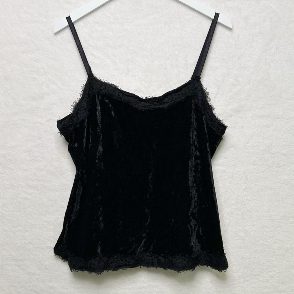 Black Crushed Velvet‎ Cami Lace Trim Whimsy Fairy Goth Fairygrunge Y2K Sz XL